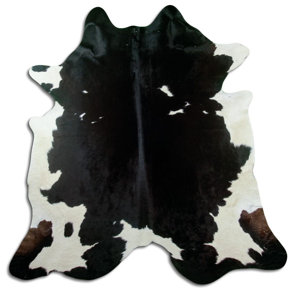 Peau de vache noir et blanc d’environ 220 × 210 cm, vue de dessus : exactement la peau que vous recevez