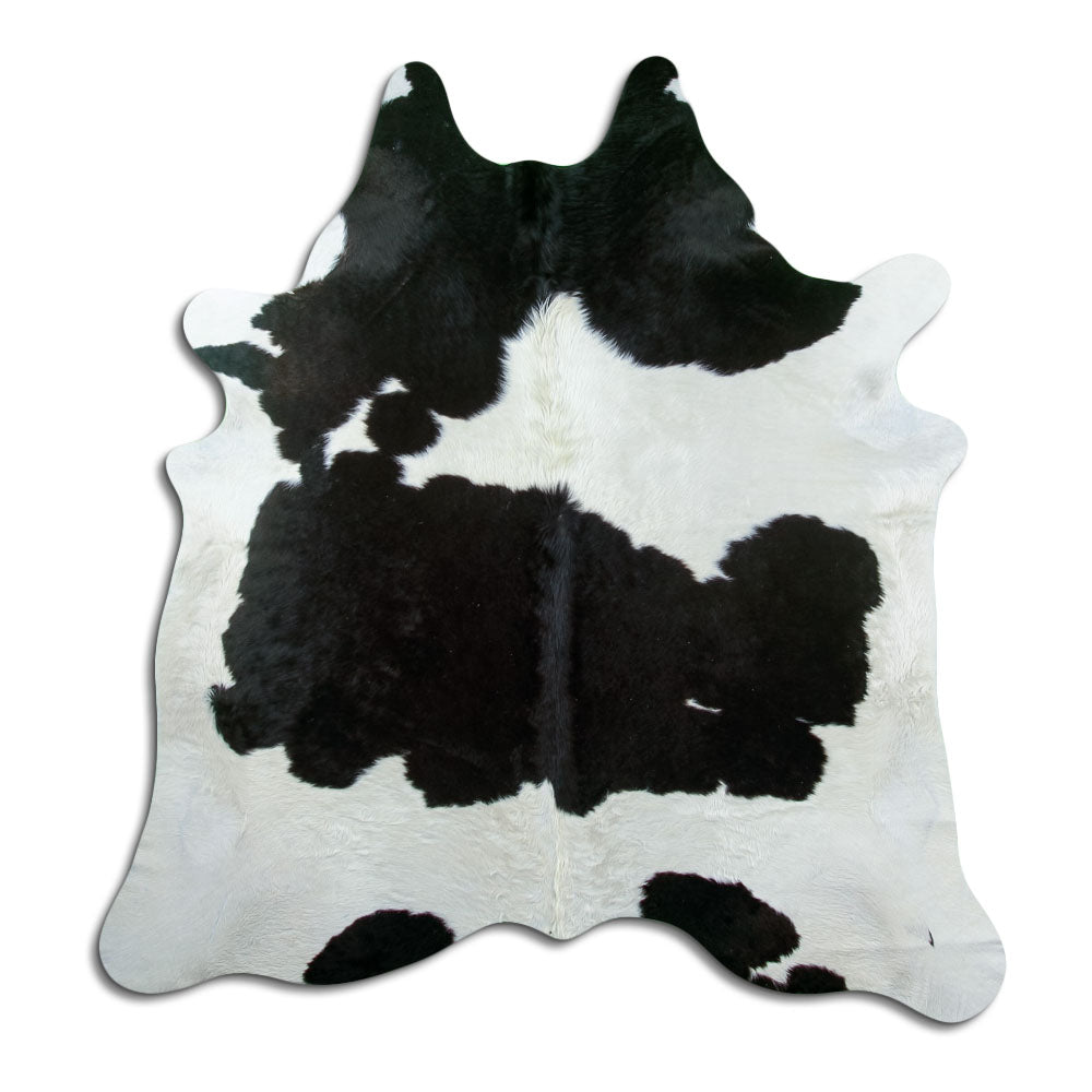 Peau de vache noir et blanc d’environ 200 × 200 cm, vue de dessus : exactement la peau que vous recevez