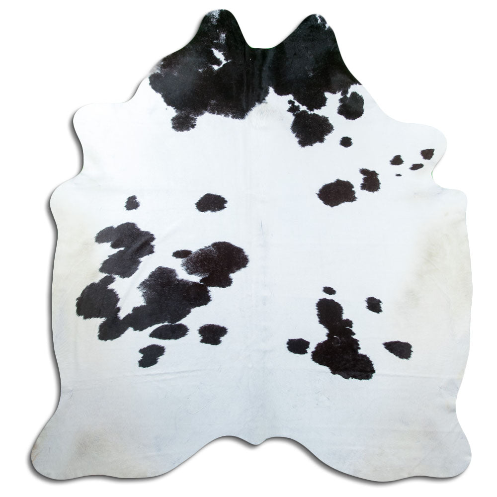 Peau de vache noir et blanc d’environ 220 × 210 cm, vue de dessus : exactement la peau que vous recevez