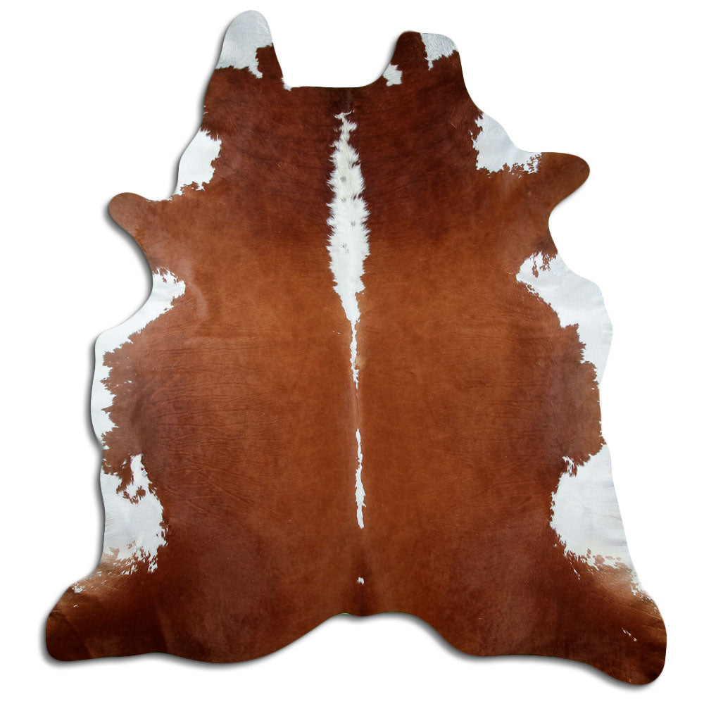 Peau de vache marron et blanc d’environ 240 × 230 cm, vue de dessus : exactement la peau que vous recevez