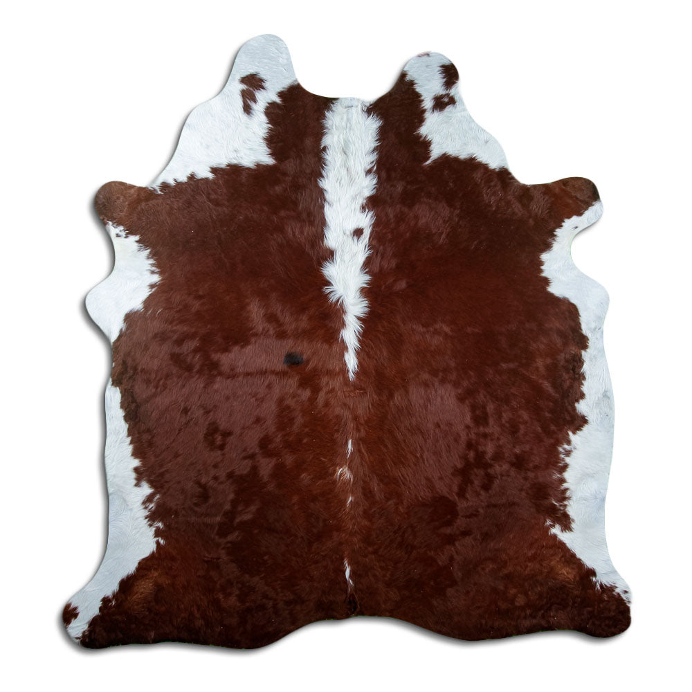 Peau de vache marron et blanc d’environ 210 × 200 cm, vue de dessus : exactement la peau que vous recevez
