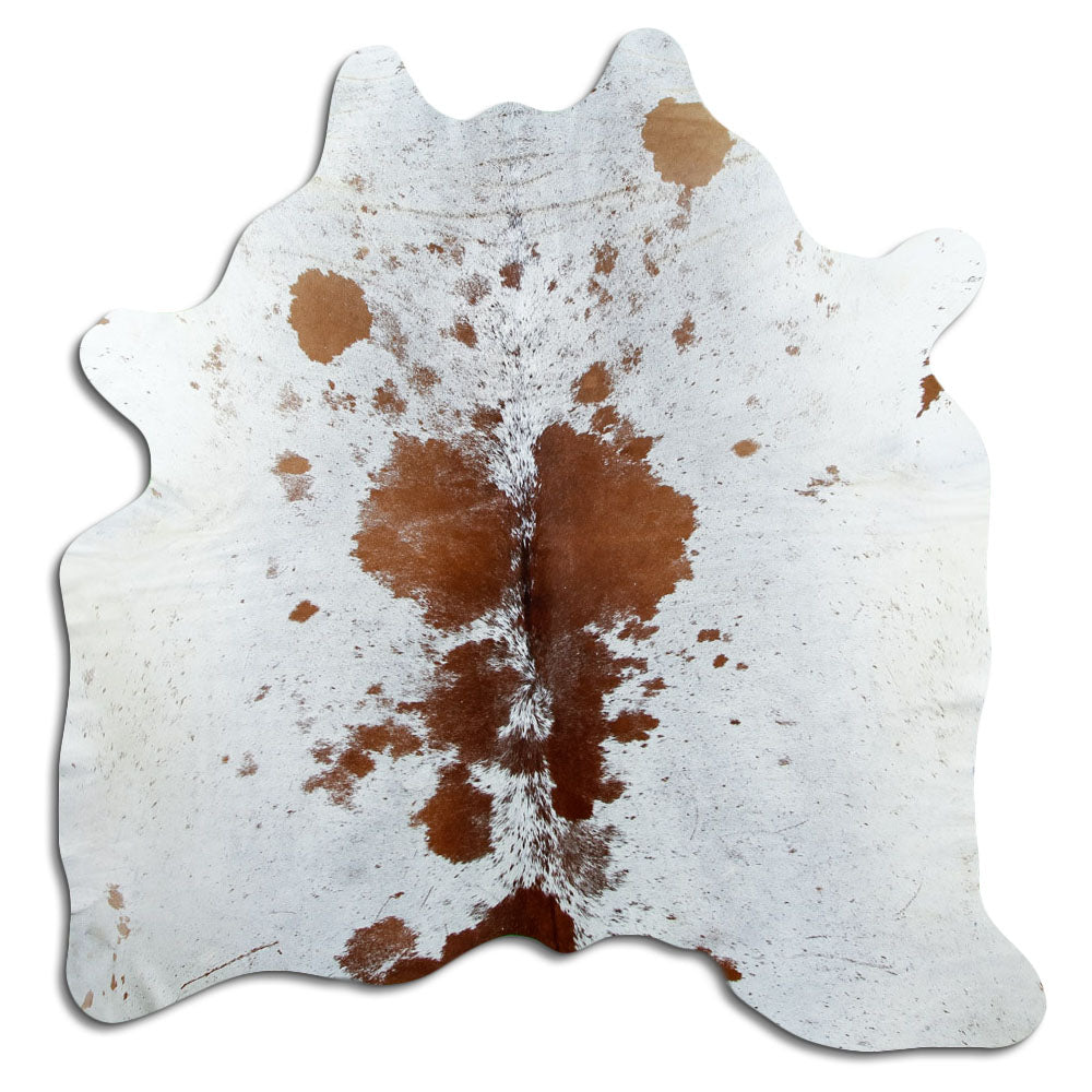 Peau de vache marron et blanc d’environ 180 × 180 cm, vue de dessus : exactement la peau que vous recevez