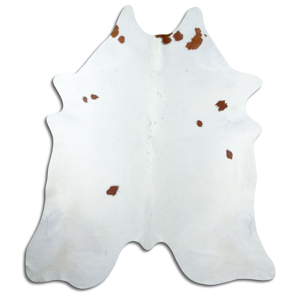 Peau de vache marron et blanc d’environ 220 × 200 cm, vue de dessus : exactement la peau que vous recevez