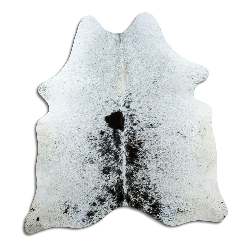 Peau de vache poivre et sel d’environ 170 × 160 cm, vue de dessus : exactement la peau que vous recevez