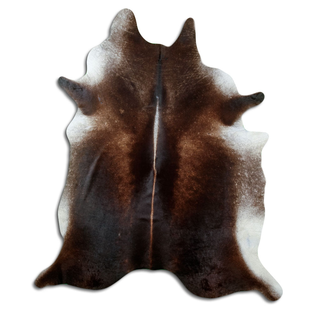 Peau de vache marron d’environ 230 × 200 cm, vue de dessus : exactement la peau que vous recevez