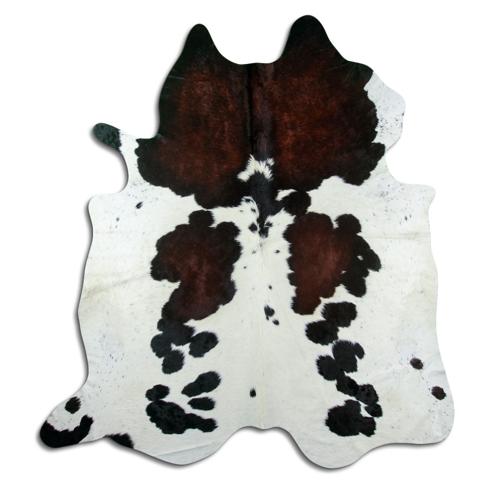 Peau de vache tricolore d’environ 230 × 210 cm, vue de dessus : exactement la peau que vous recevez