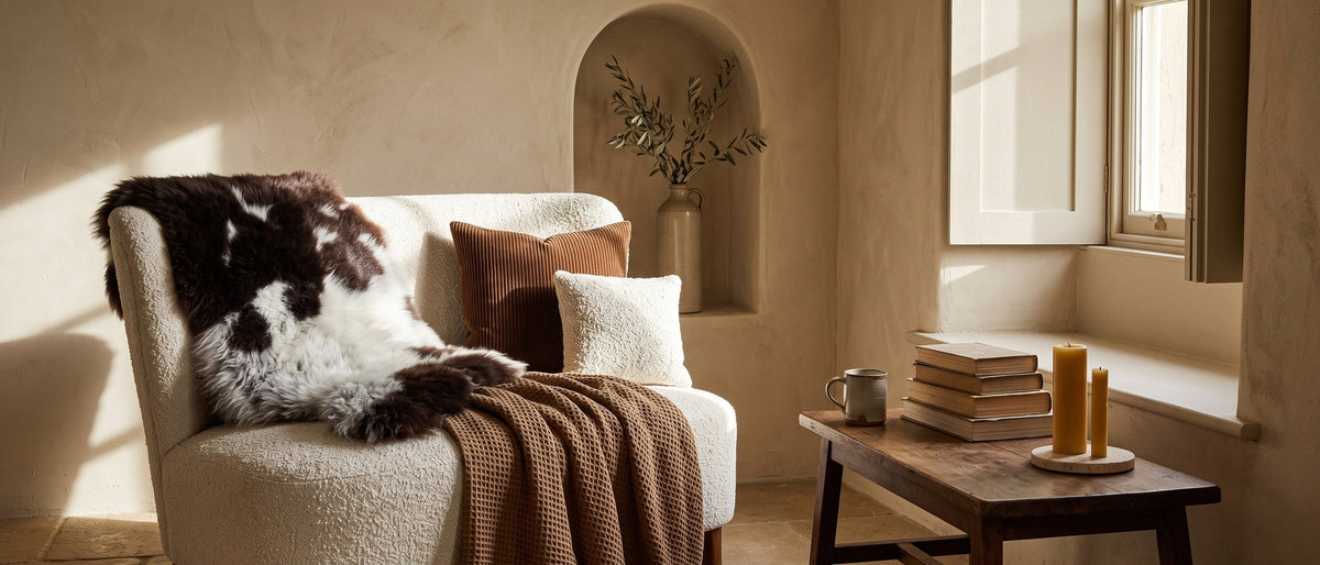 Peau de mouton sur une chaise en tissu bouclette