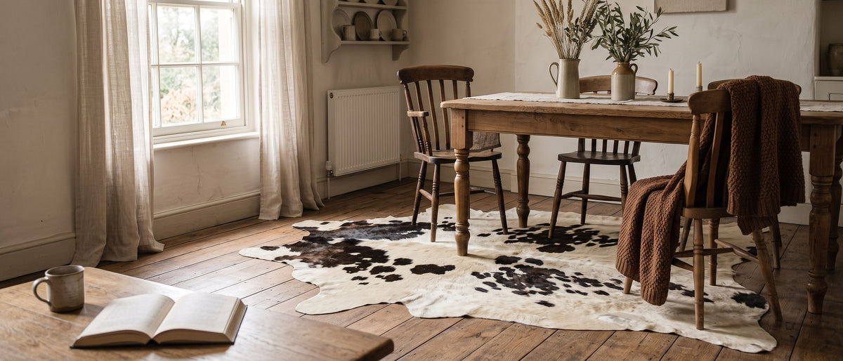 Tapis en peau de vache noir et blanc sous une table à manger