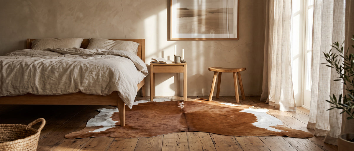 Tapis en peau de vache marron et blanc à côté d’un lit en chêne