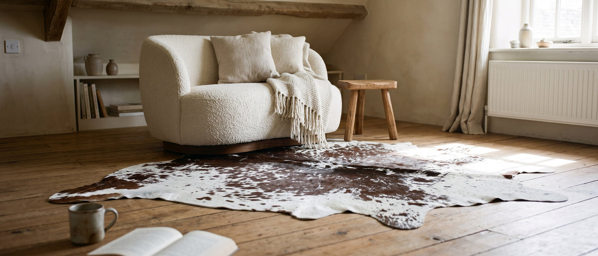 Tapis en peau de vache à côté d’une chaise en tissu bouclette