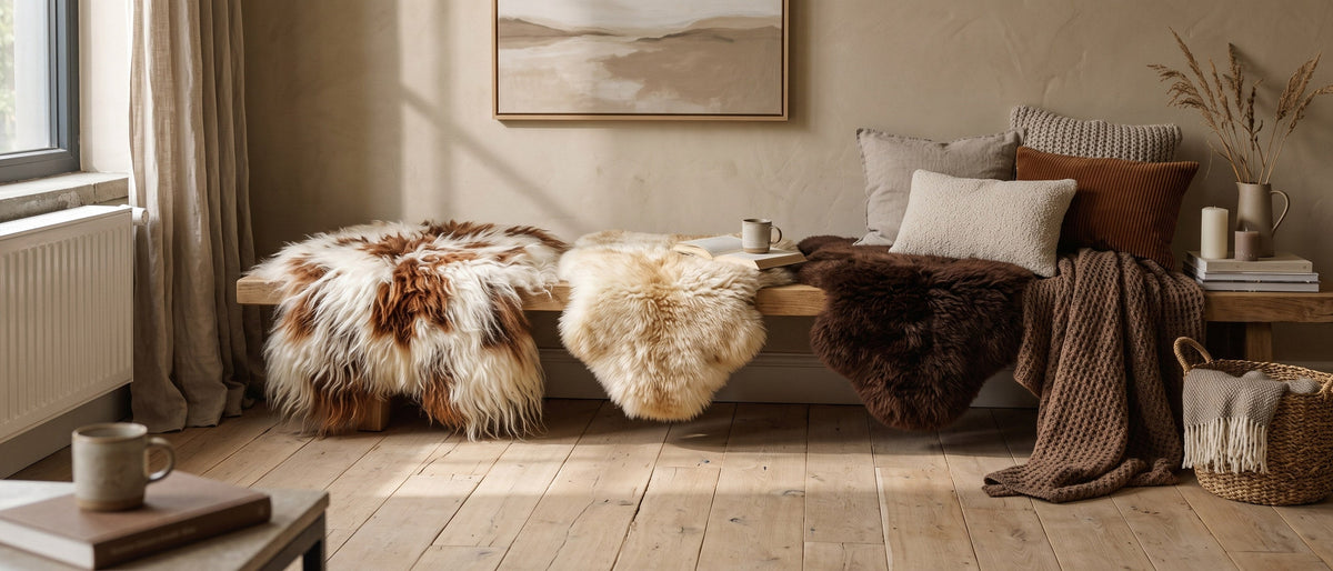 Peaux de mouton sur un banc en bois