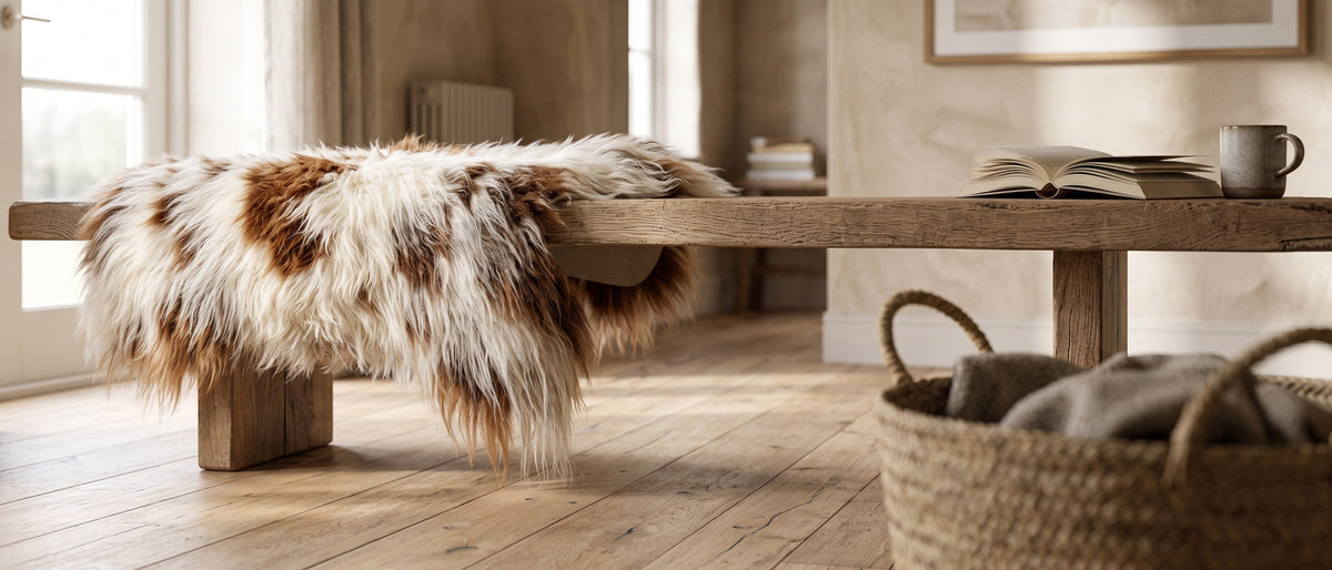Peau de mouton mouflon sur un banc en chêne
