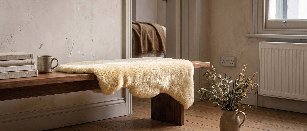 Peau de mouton médicale sur un banc en chêne