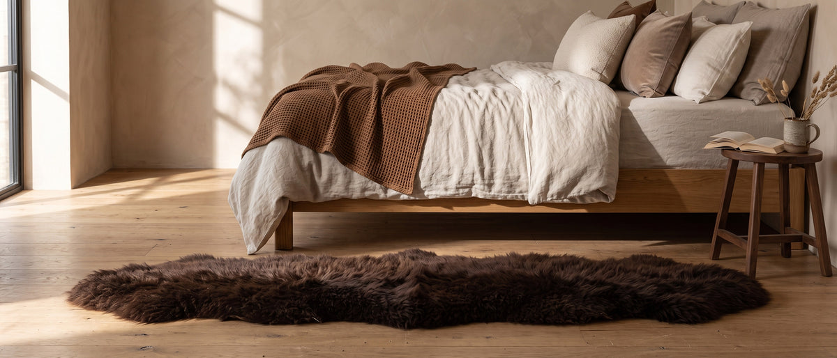 Tapis long en peau de mouton marron le long d’un lit