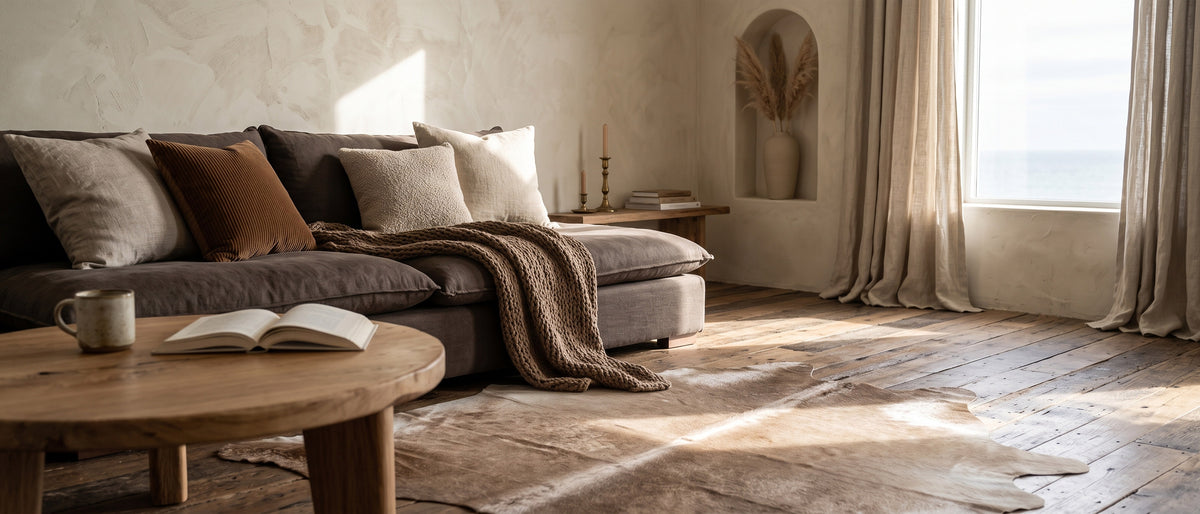 Tapis en peau de vache sur un parquet, dans un salon baigné de soleil