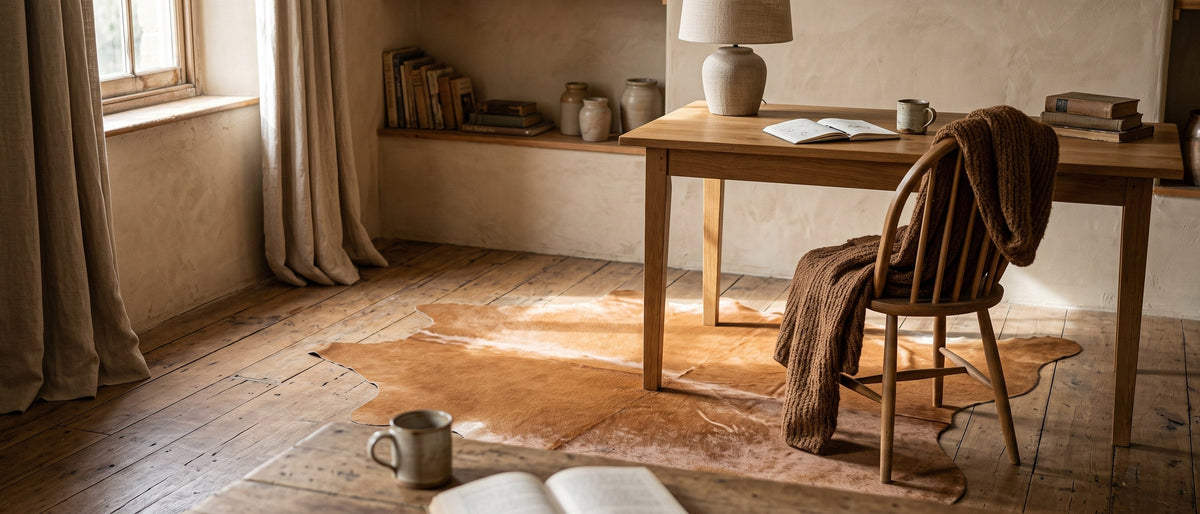 Tapis en peau de vache marron sous une table de travail, dans un bureau