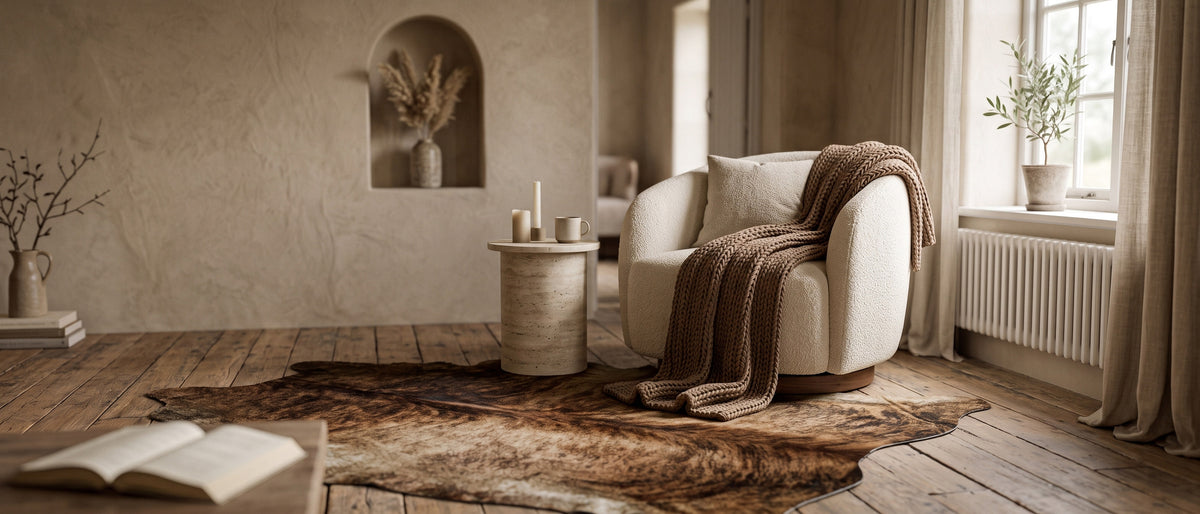 Tapis en peau de vache exotique à côté d’un fauteuil en tissu bouclette