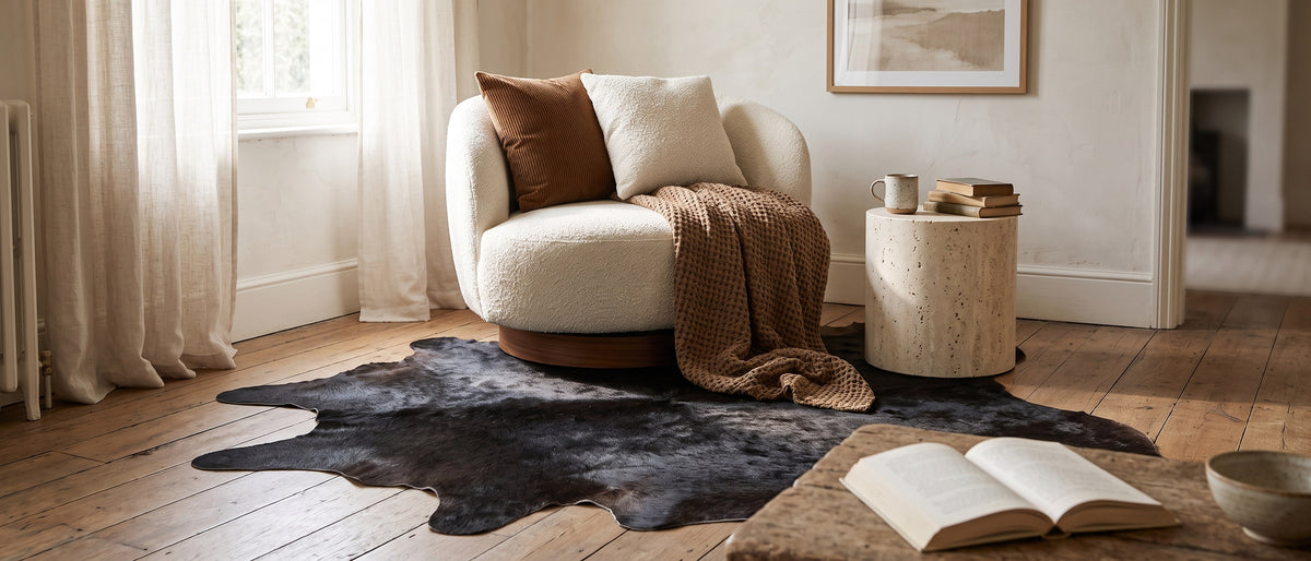 Tapis en peau de vache noir à côté d’une chaise en tissu bouclette