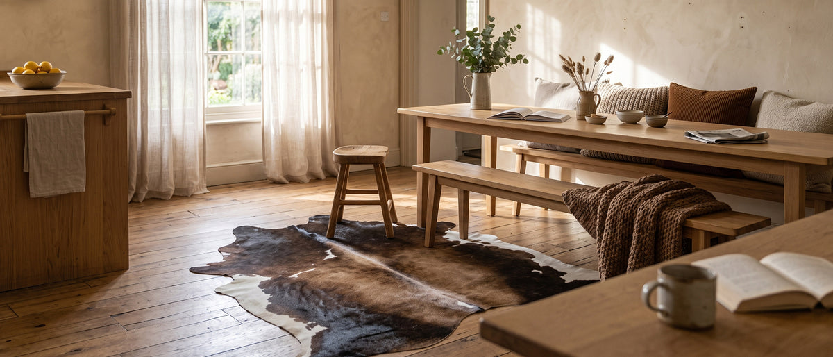 Tapis en peau de vache dans le coin repas d’une cuisine