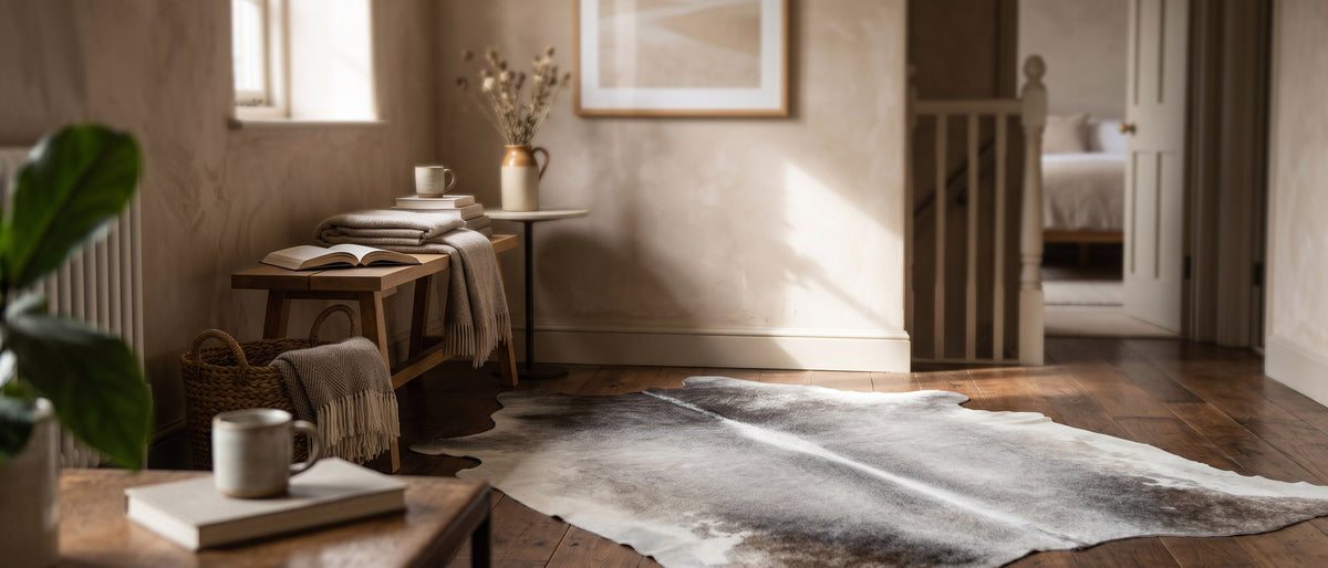 Tapis en peau de vache gris dans une entrée