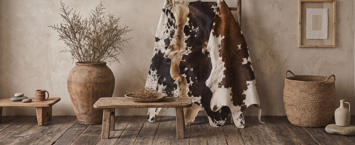 Tapis en peau de vache marron et blanc drapés sur un support en bois, dans une pièce rustique