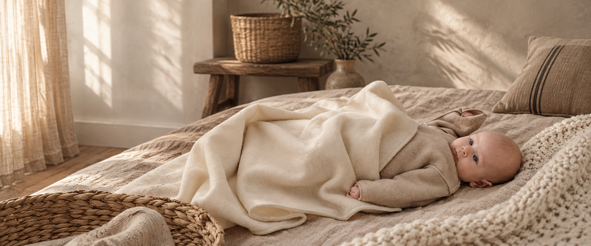 Couverture bébé en mérinos sur un lit