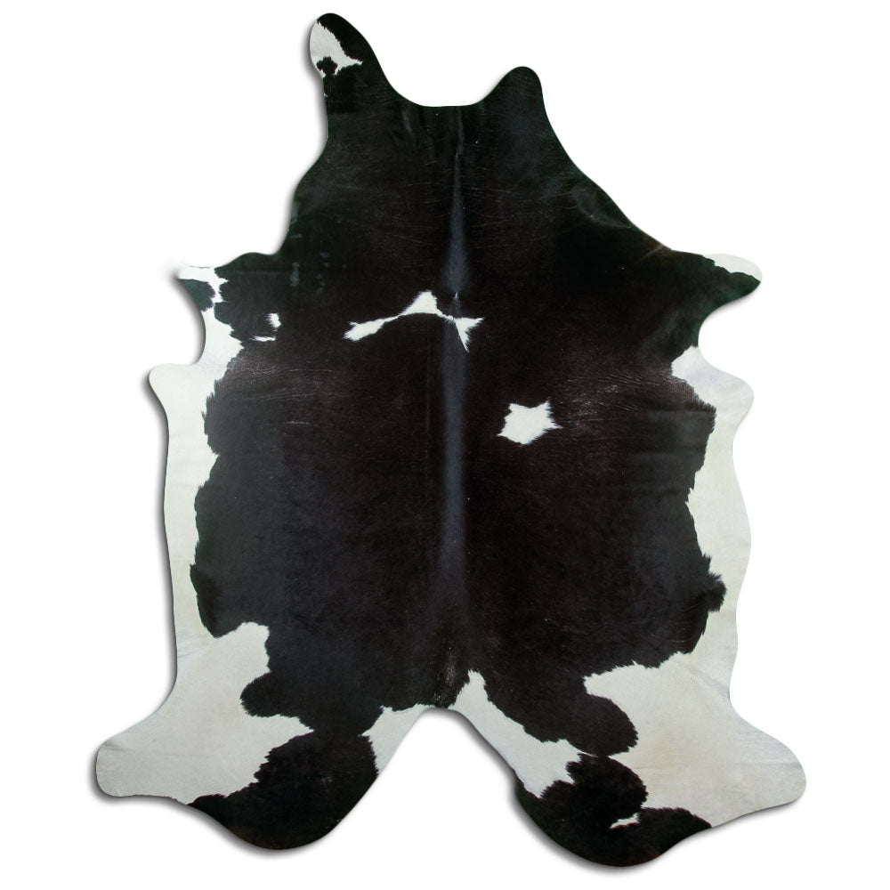 Peau de vache noir et blanc d’environ 250 × 220 cm, vue de dessus : exactement la peau que vous recevez
