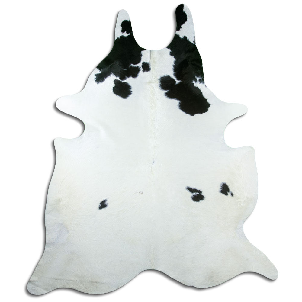 Peau de vache noir et blanc d’environ 240 × 210 cm, vue de dessus : exactement la peau que vous recevez