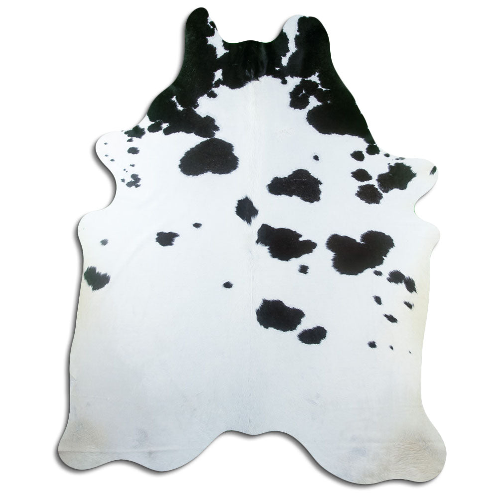 Peau de vache noir et blanc d’environ 230 × 190 cm, vue de dessus : exactement la peau que vous recevez