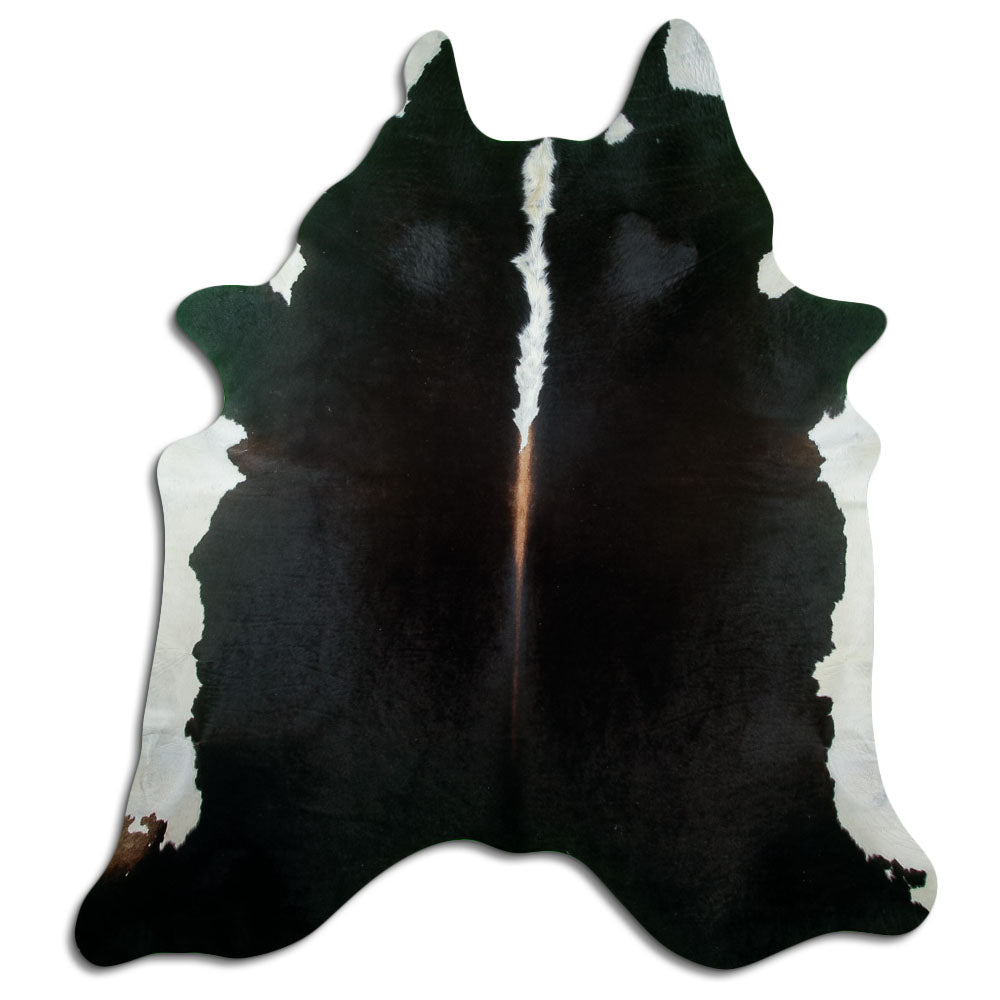 Peau de vache noir et blanc d’environ 220 × 200 cm, vue de dessus : exactement la peau que vous recevez