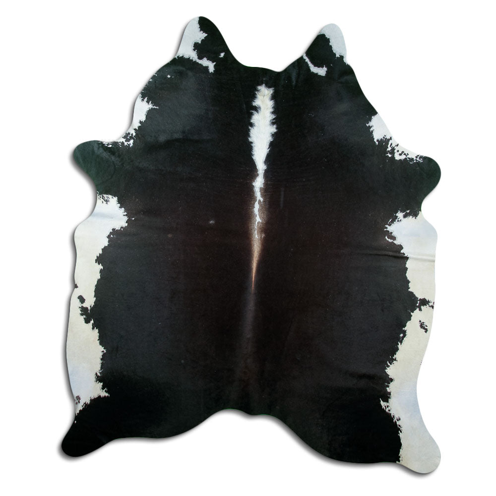 Peau de vache noir et blanc d’environ 210 × 180 cm, vue de dessus : exactement la peau que vous recevez