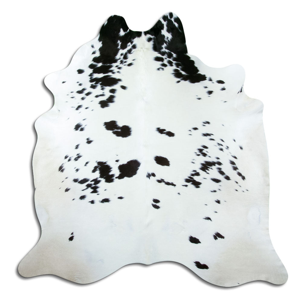 Peau de vache noir et blanc d’environ 200 × 200 cm, vue de dessus : exactement la peau que vous recevez