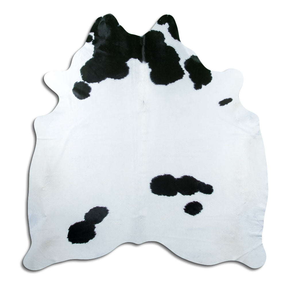 Peau de vache noir et blanc d’environ 200 × 180 cm, vue de dessus : exactement la peau que vous recevez