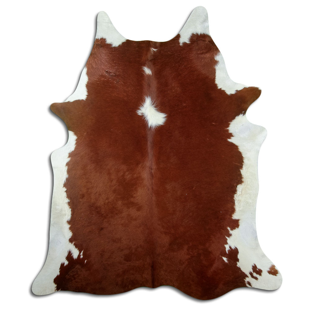 Peau de vache marron et blanc d’environ 220 × 190 cm, vue de dessus : exactement la peau que vous recevez