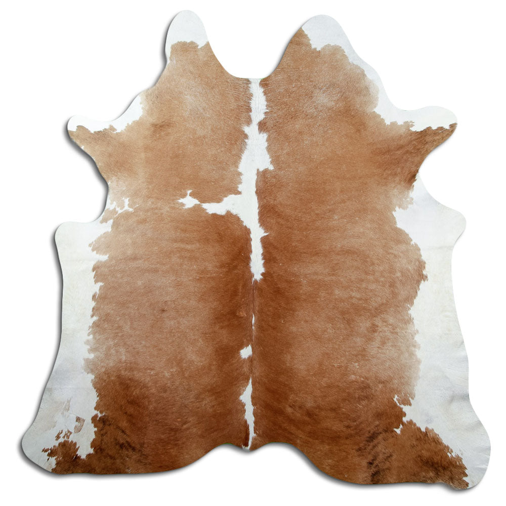 Peau de vache marron et blanc d’environ 200 × 200 cm, vue de dessus : exactement la peau que vous recevez