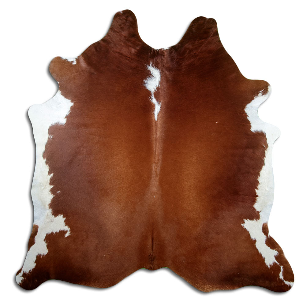 Peau de vache marron et blanc d’environ 200 × 200 cm, vue de dessus : exactement la peau que vous recevez