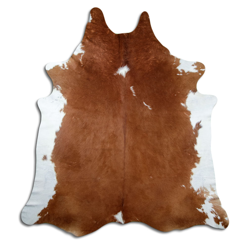 Peau de vache marron et blanc d’environ 240 × 220 cm, vue de dessus : exactement la peau que vous recevez
