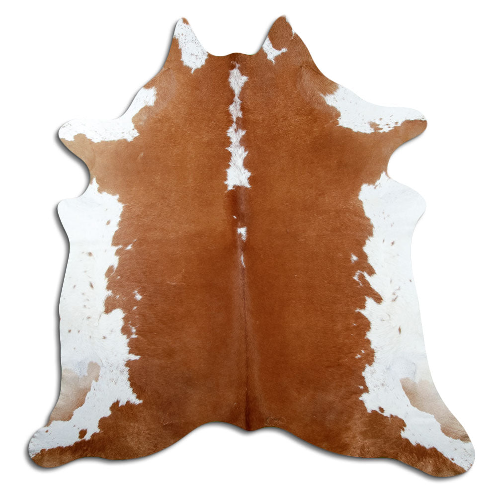 Peau de vache marron et blanc d’environ 220 × 210 cm, vue de dessus : exactement la peau que vous recevez