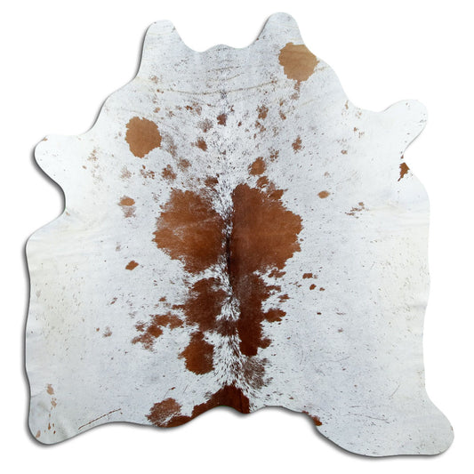 Peau de vache marron et blanc d’environ 180 × 180 cm, vue de dessus : exactement la peau que vous recevez