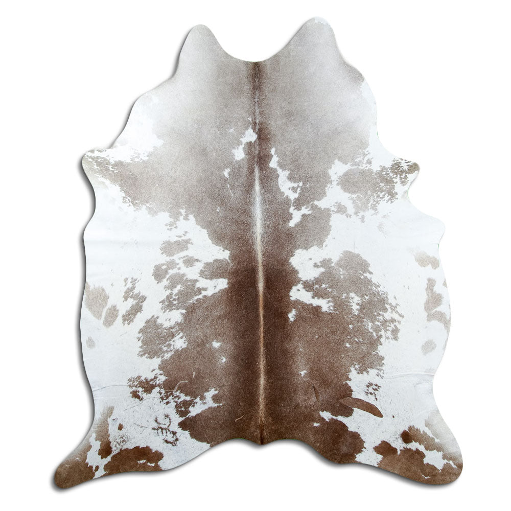 Peau de vache marron et blanc d’environ 200 × 170 cm, vue de dessus : exactement la peau que vous recevez