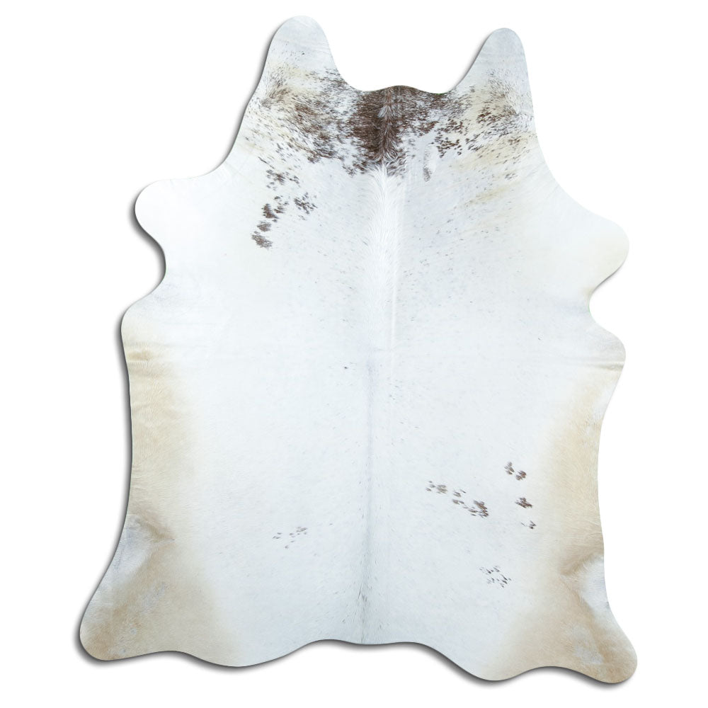Peau de vache marron et blanc d’environ 200 × 170 cm, vue de dessus : exactement la peau que vous recevez