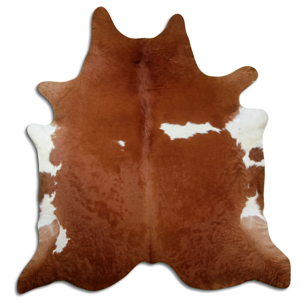 Peau de vache marron et blanc d’environ 230 × 220 cm, vue de dessus : exactement la peau que vous recevez