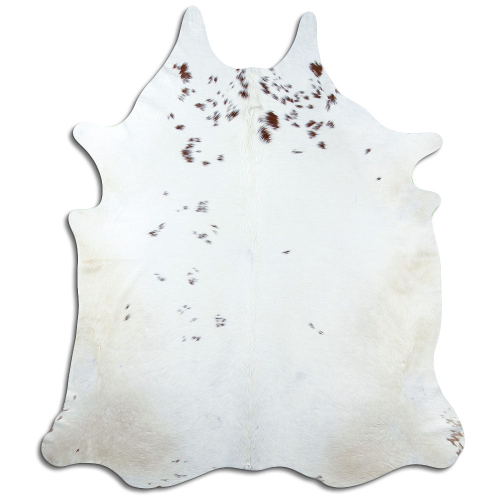 Peau de vache marron et blanc d’environ 230 × 200 cm, vue de dessus : exactement la peau que vous recevez