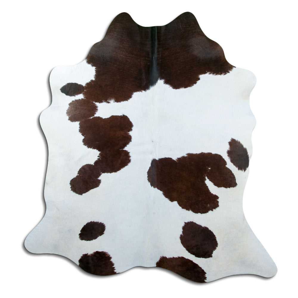 Peau de vache marron et blanc d’environ 200 × 180 cm, vue de dessus : exactement la peau que vous recevez