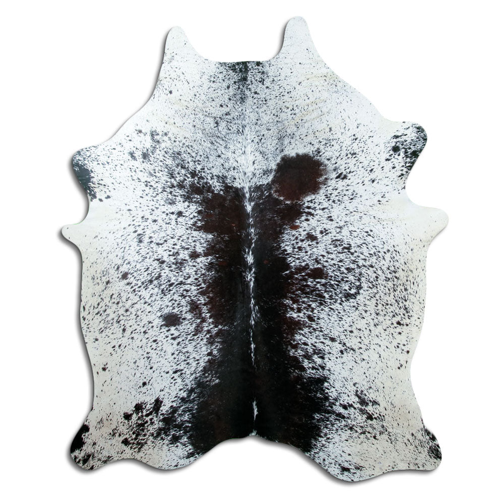 Peau de vache poivre et sel d’environ 210 × 170 cm, vue de dessus : exactement la peau que vous recevez