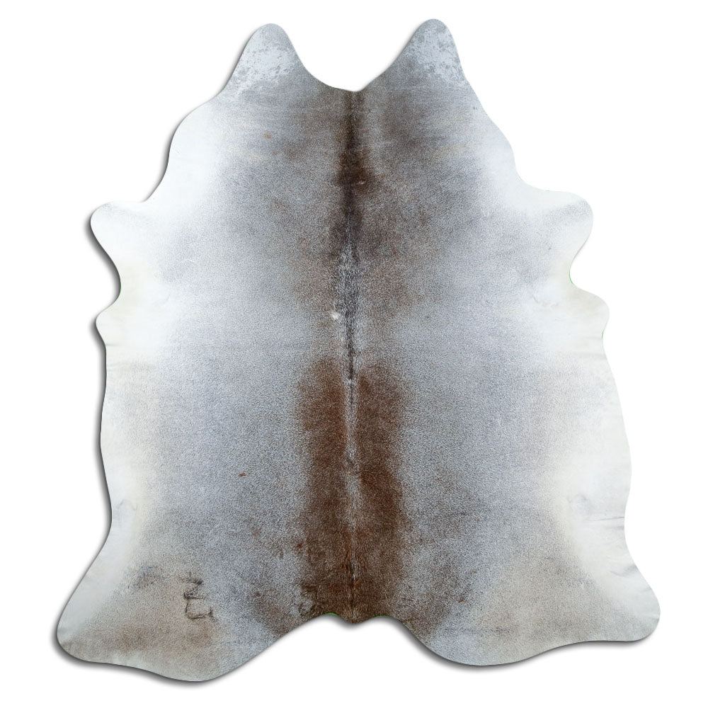 Peau de vache fauve et gris d’environ 230 × 210 cm, vue de dessus : exactement la peau que vous recevez