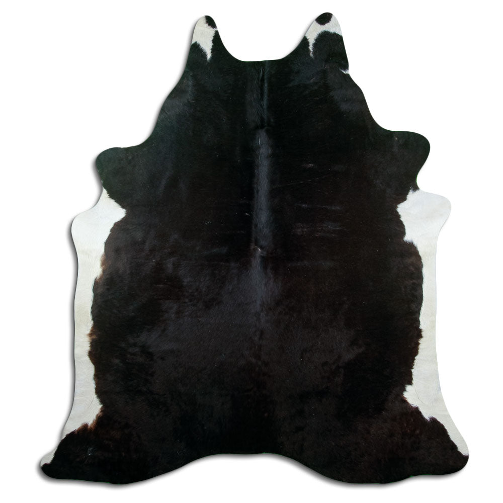 Peau de vache noire d’environ 210 × 190 cm, vue de dessus : exactement la peau que vous recevez