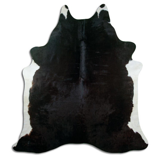 Peau de vache noire d’environ 210 × 190 cm, vue de dessus : exactement la peau que vous recevez