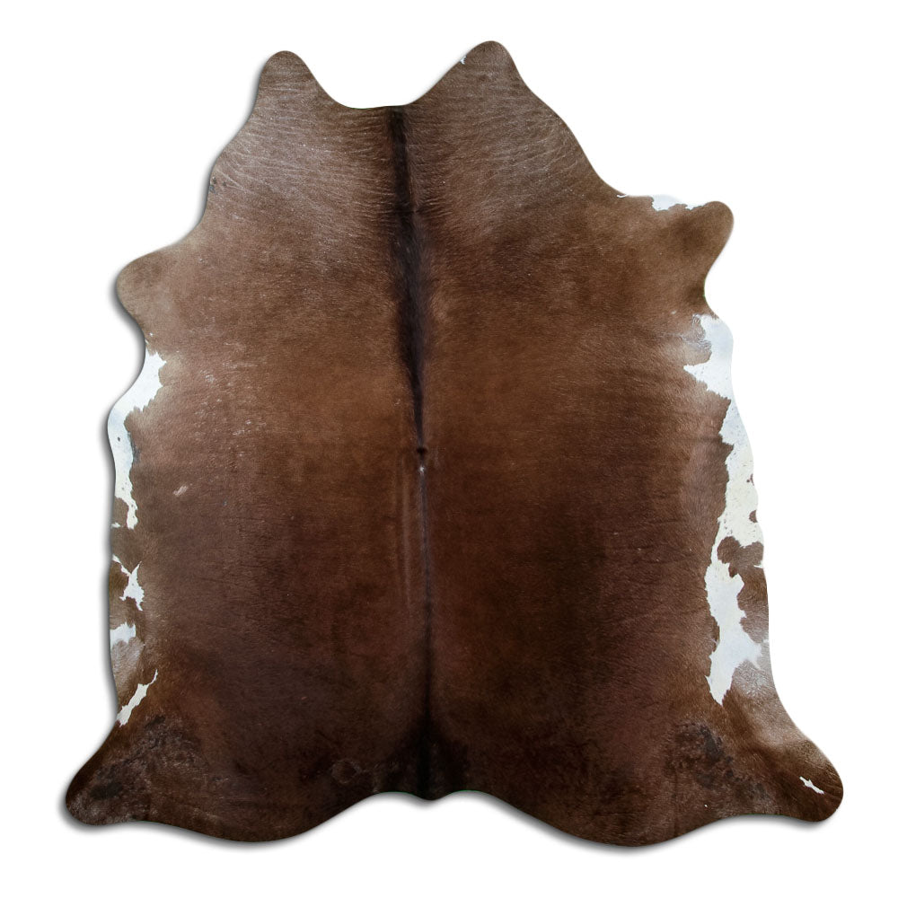 Peau de vache marron d’environ 210 × 200 cm, vue de dessus : exactement la peau que vous recevez