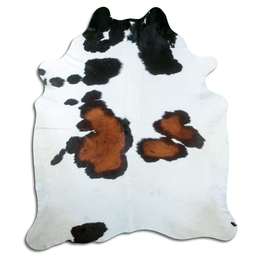Peau de vache tricolore d’environ 230 × 200 cm, vue de dessus : exactement la peau que vous recevez